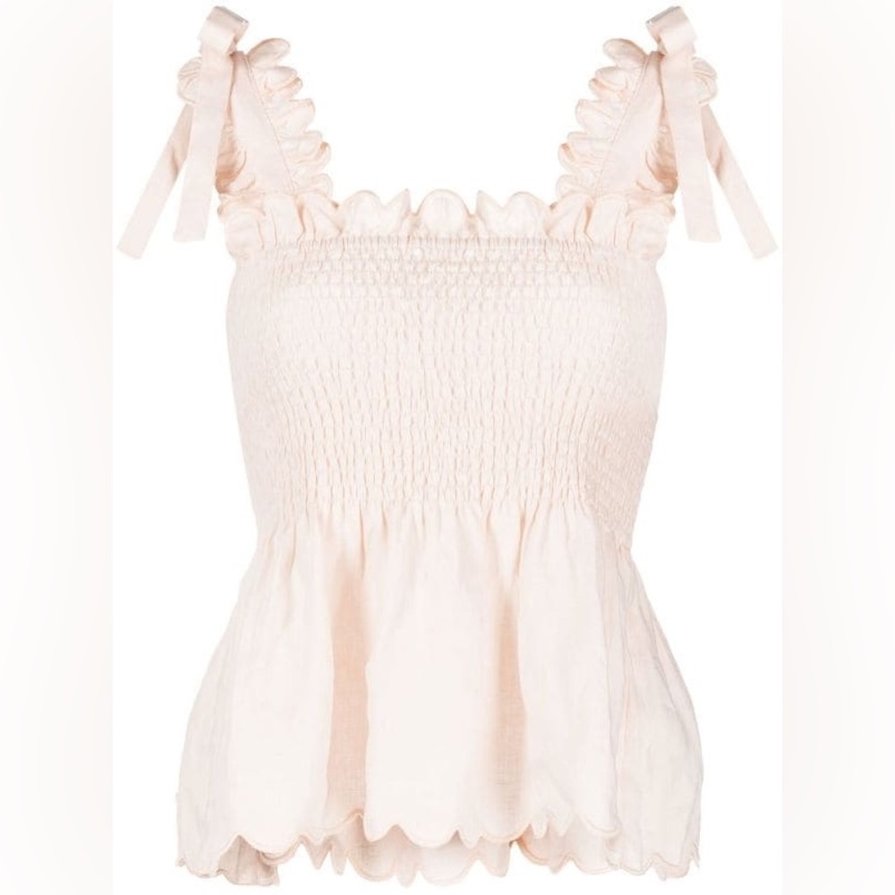 EPHEMERA scallop-edge smocked linen top